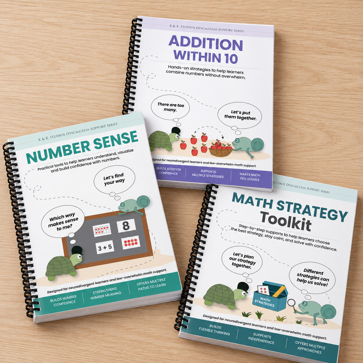 Number Sense, Addition Within 10, and Math Strategy Toolkit coil-bound workbooks fanned out on a wooden table.