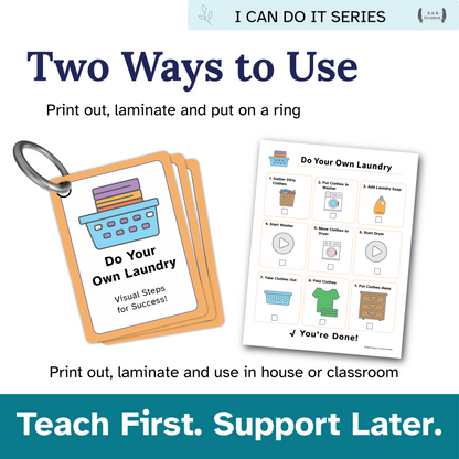 Educational product for teaching children how to do laundry with printables, laminates, and a ring.