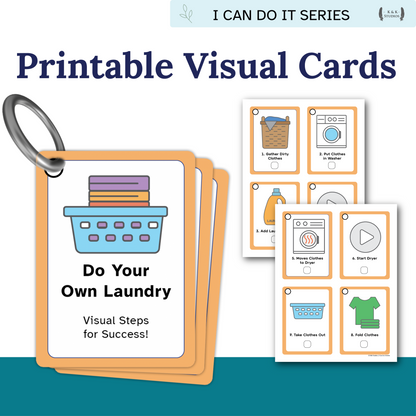 Set of printable visual cards for doing laundry with a keychain holder on a blue background.
