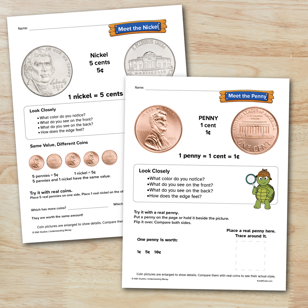 Two money intervention worksheets featuring nickel and a penny.