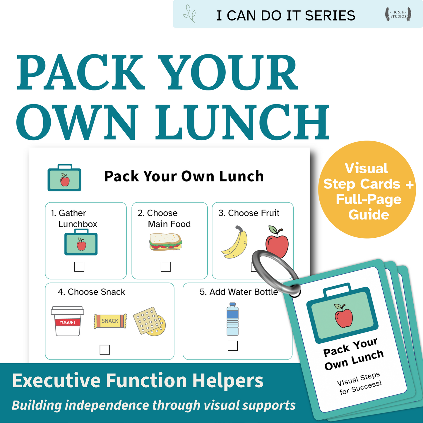 Book cover of 'Pack Your Own Lunch' with visual step cards and guide.