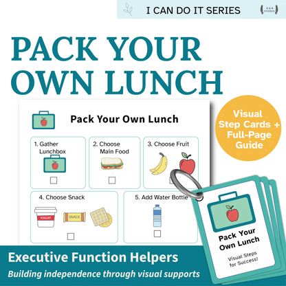 Book cover of 'Pack Your Own Lunch' with visual step cards and guide.