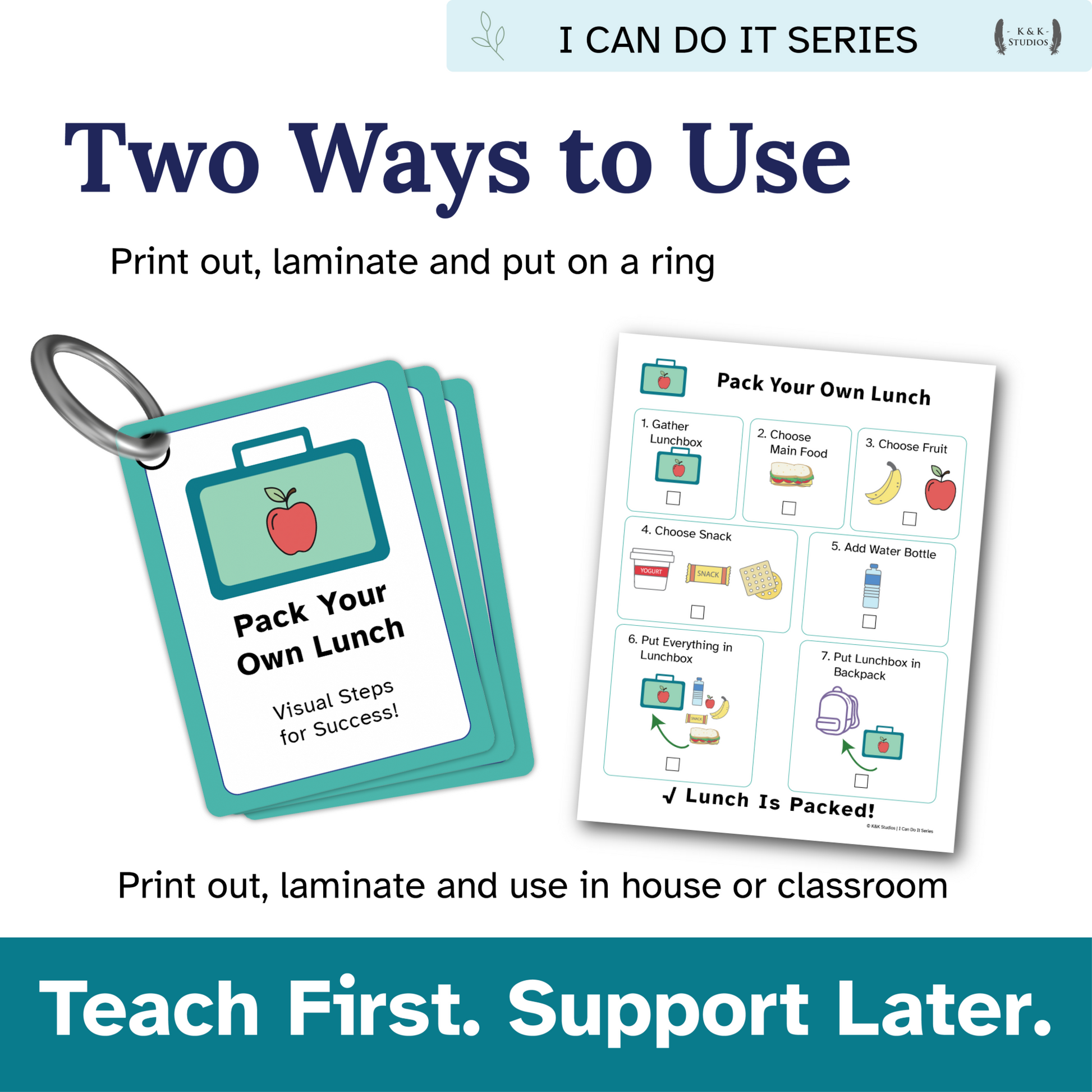 Educational product for teaching children how to pack a lunch with visual steps.