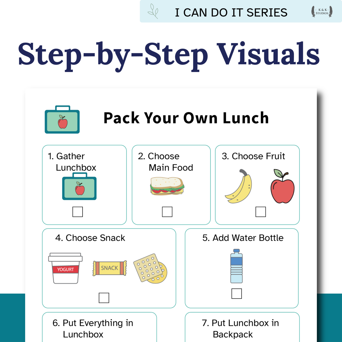 Step-by-step visual guide on how to pack a lunch with icons and text.