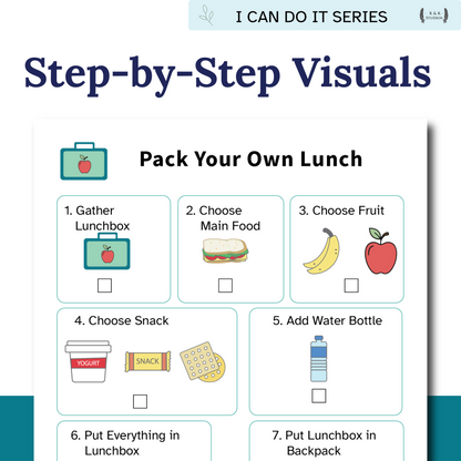 Step-by-step visual guide on how to pack a lunch with icons and text.