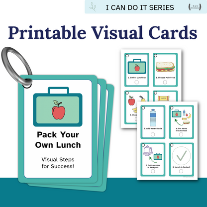 Packaging of 'Pack Your Own Lunch' visual cards with a keychain holder on a white background.