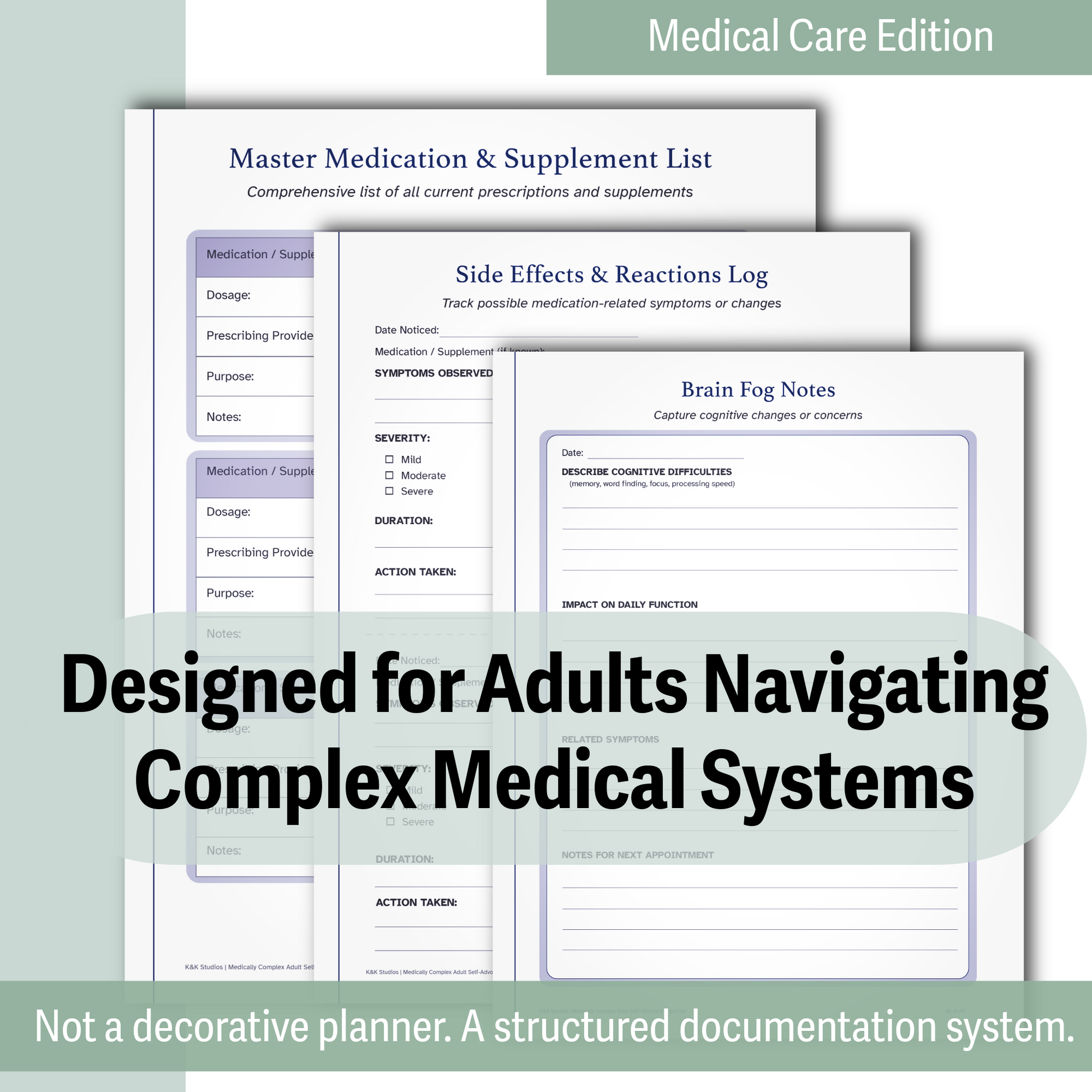 Medical documentation system for adults with complex medical systems on a light green background