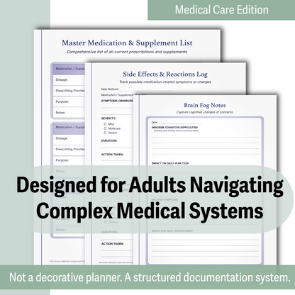 Medical documentation system for adults with complex medical systems on a light green background