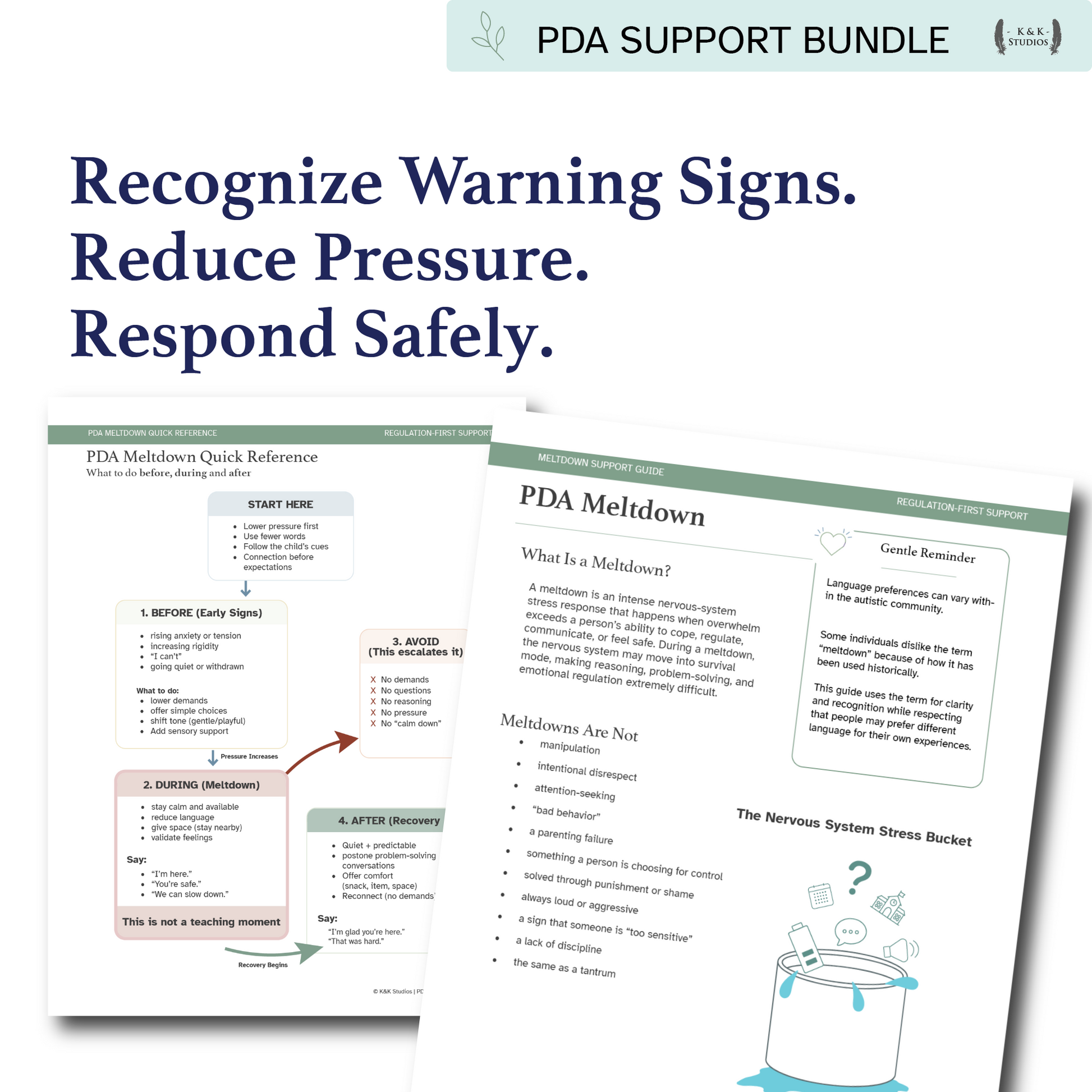 PDA Support Bundle materials with text on recognizing warning signs, reducing pressure, and responding safely.