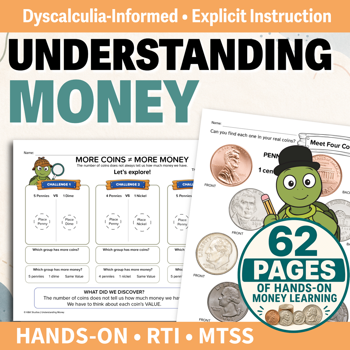 Understanding money resource thumbnail featuring worksheets, 62 pages and Dareold the turtle.