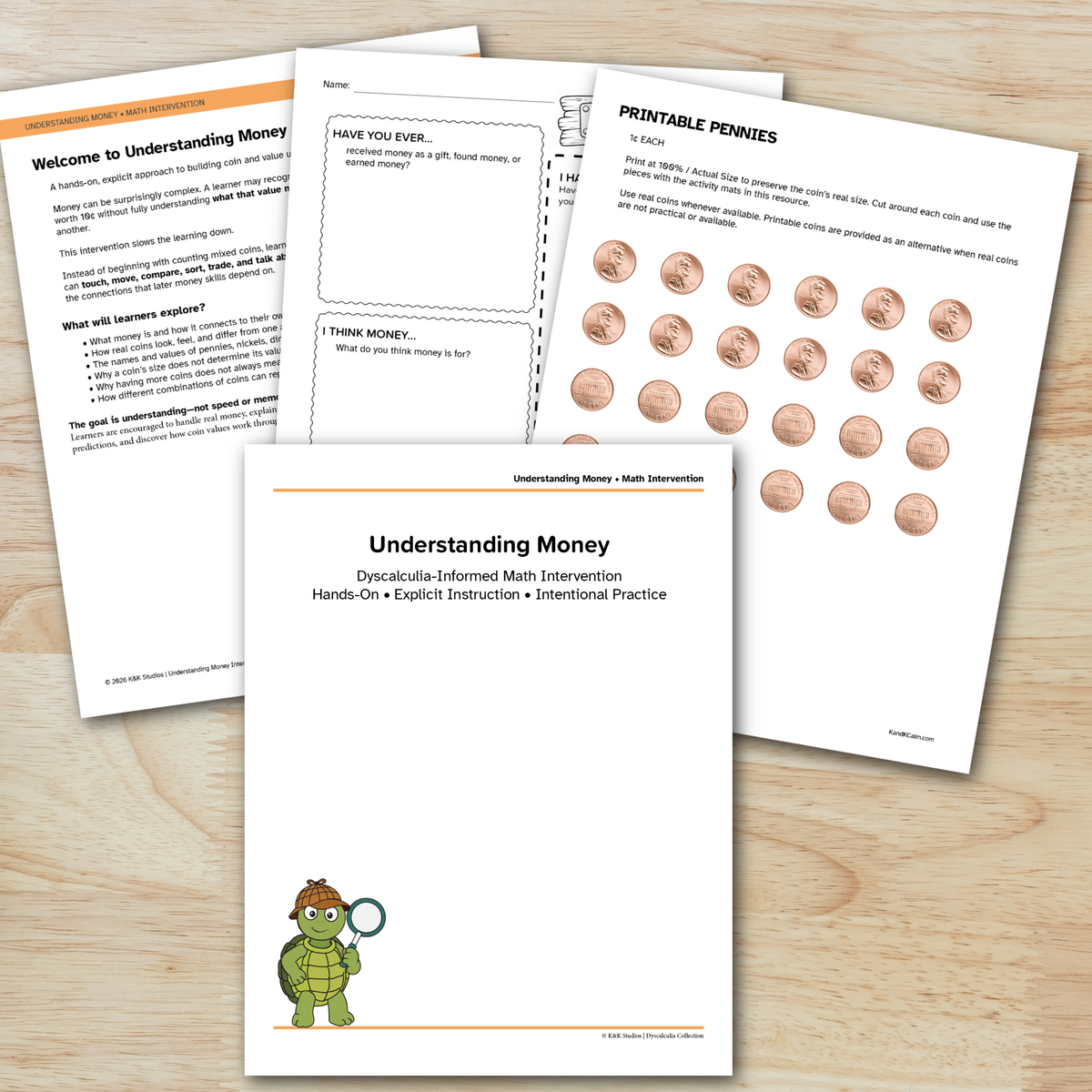 Fanned Money intervention worksheets, including welcome, student page, cut out pennies, and cover page featuring Dareold the turtle.