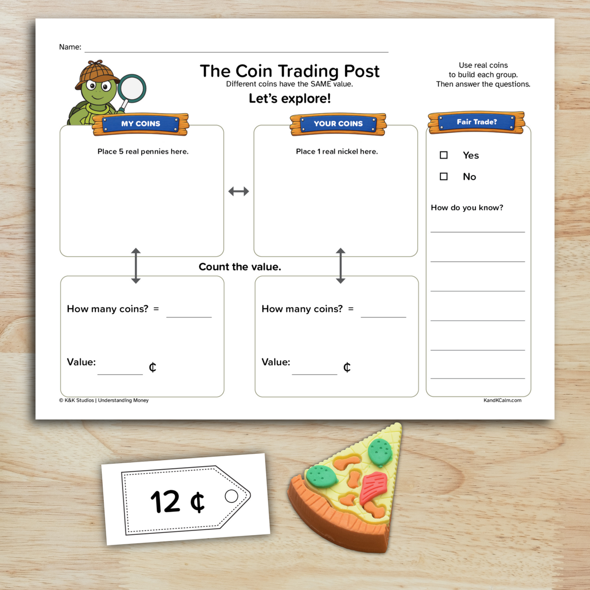 Money intervention worksheet titled 'the coin trading post' with. cut out price tag and a pizza eraser.