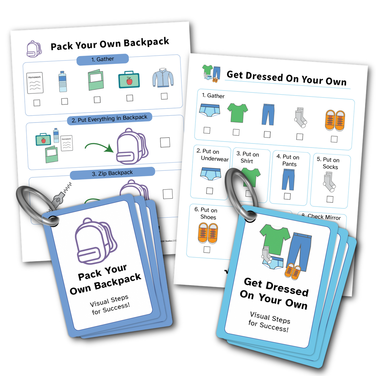 Visual checklists and ring-bound card mockups for packing your own backpack and getting dressed.
