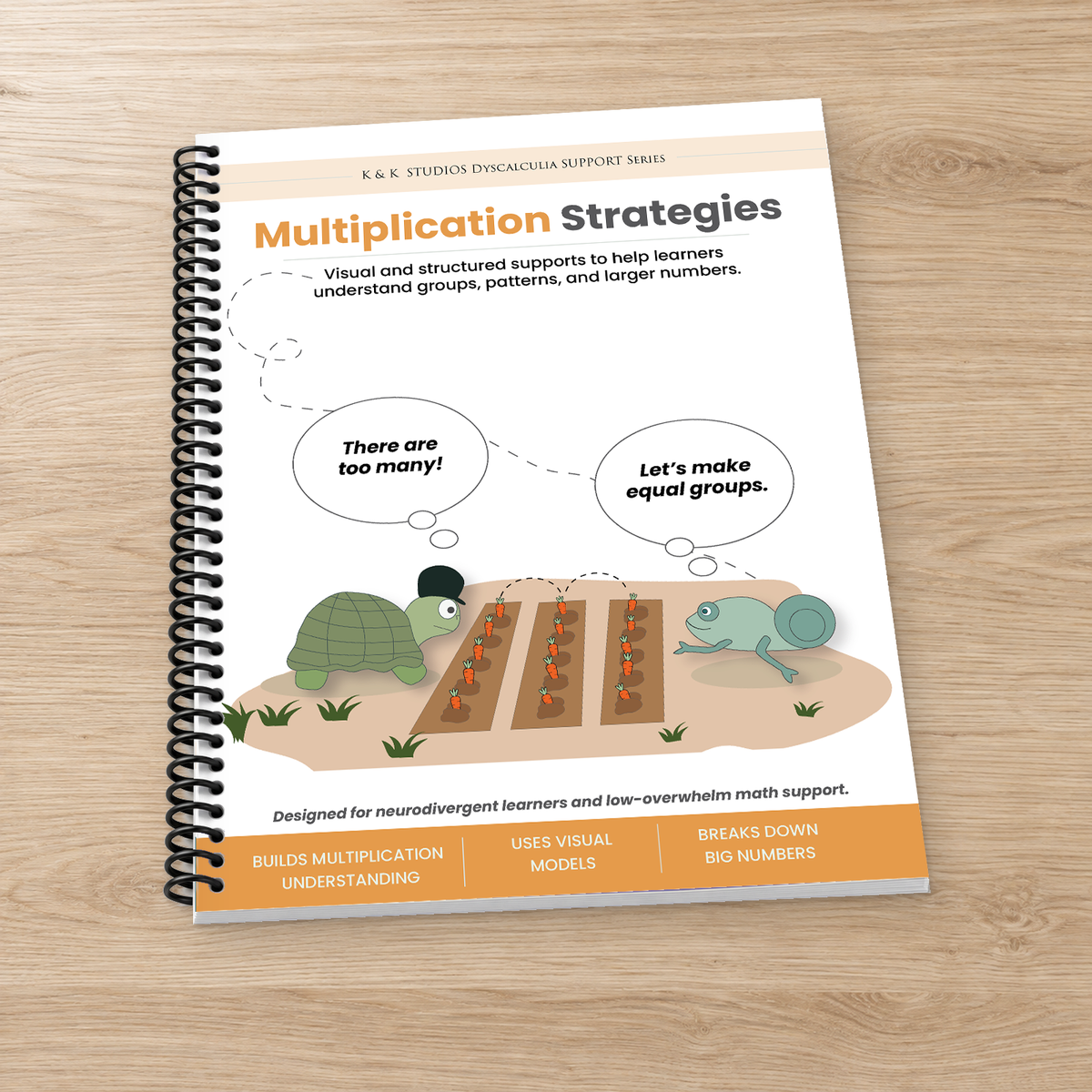 A spiral-bound educational support book titled 'Multiplication Strategies' by K&K Studios.