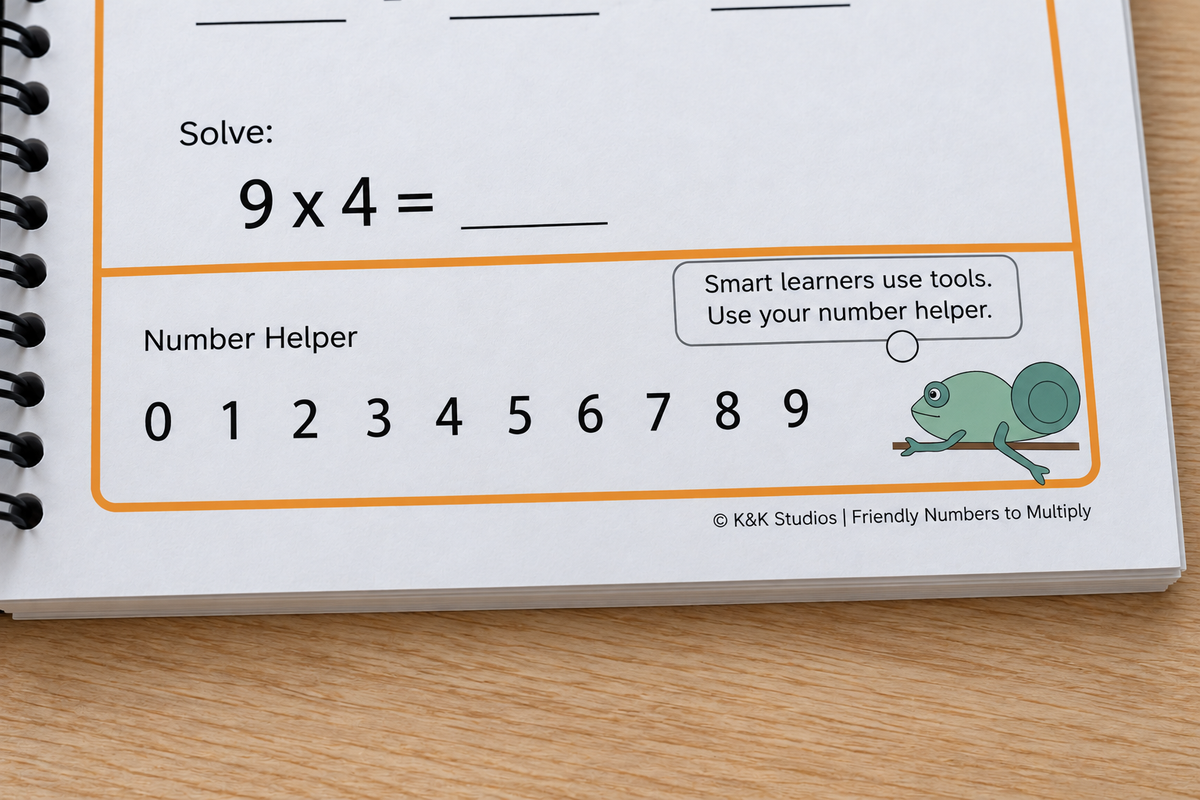 Close-up of a workbook’s Number Helper showing numerals zero through nine beside a reminder to use tools.