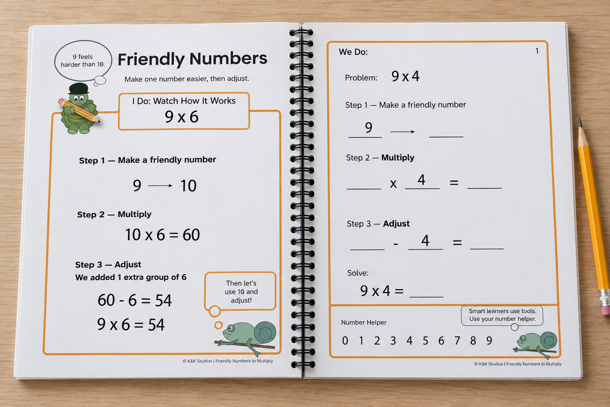 Open coil-bound workbook showing a worked multiplication example and guided practice page.