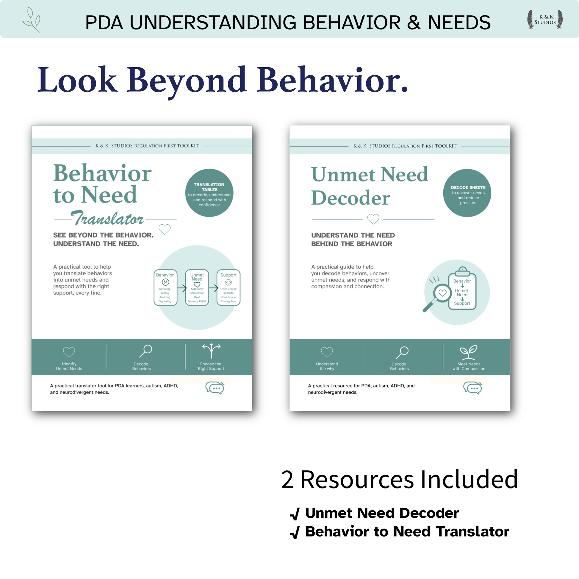 Two educational resources on a white background with text about understanding behavior and needs.