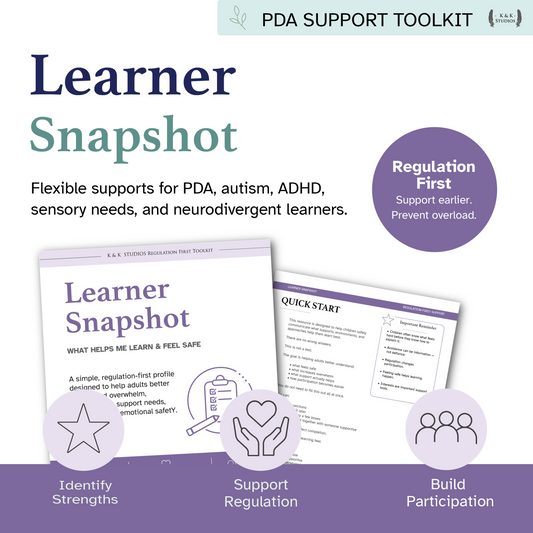 PDA Support Toolkit with 'Learner Snapshot' and 'Quick Start' guides on a purple background.