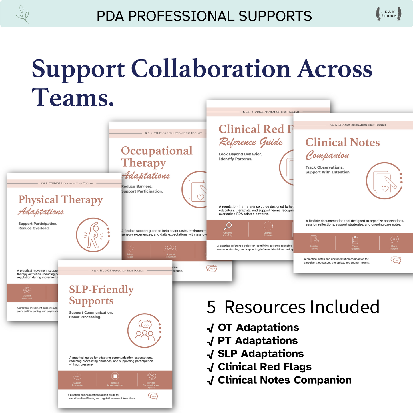 Collection of professional support resources for collaboration across teams with a light blue header and white background.