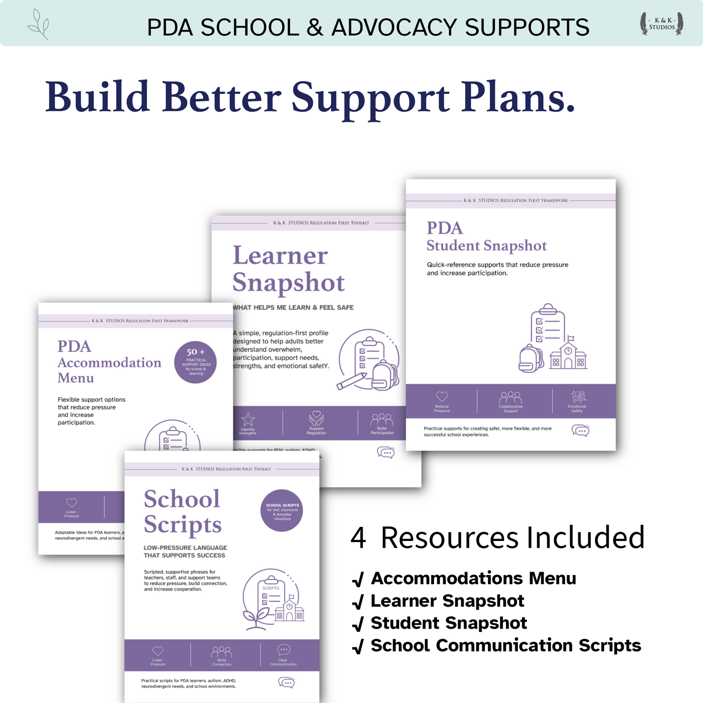 PDA School & Advocacy Supports resources including Accommodation Menu, Learner Snapshot, Student Snapshot, and School Communication Scripts on a white background.