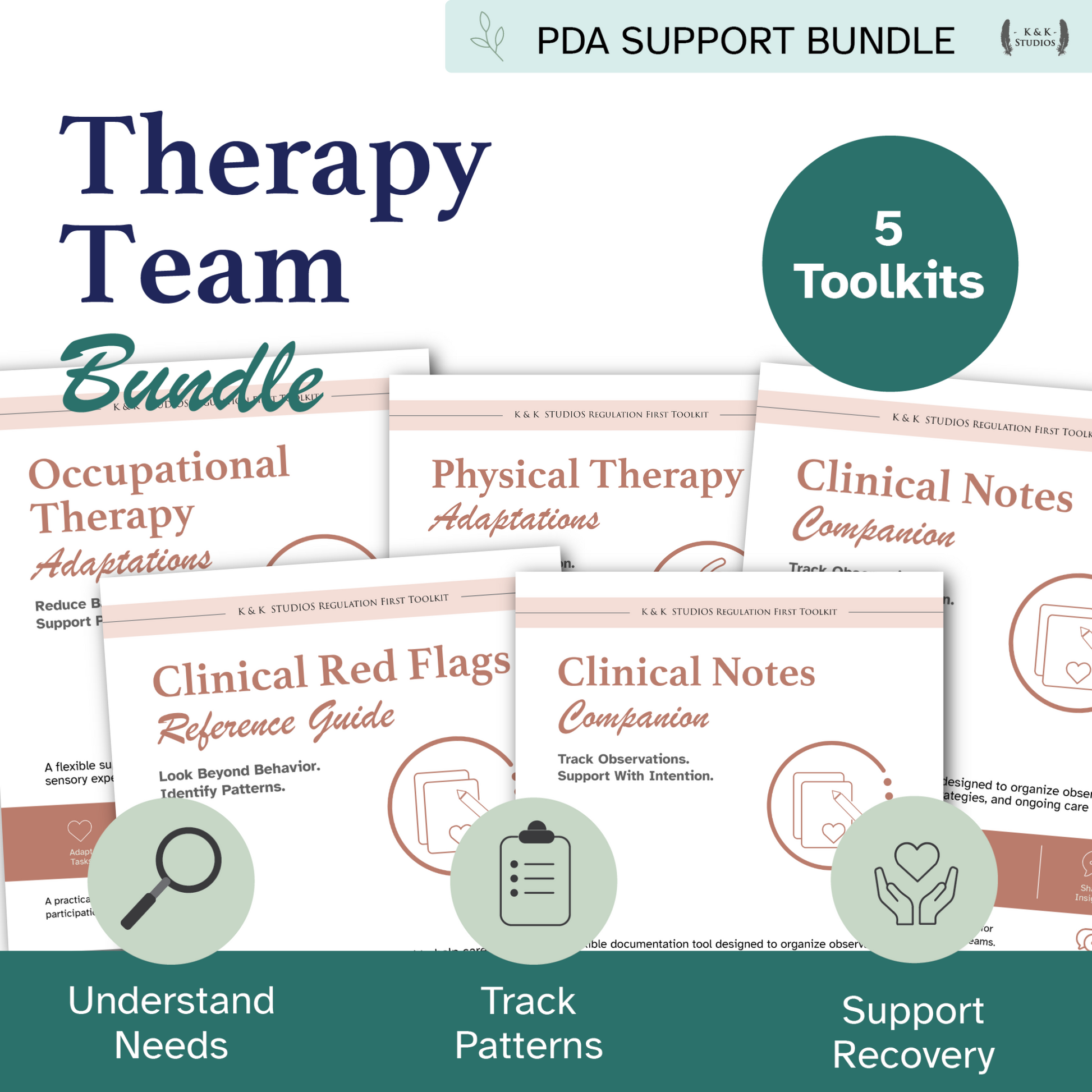 PDA Support Bundle for Therapy Team with 5 toolkits on a green background