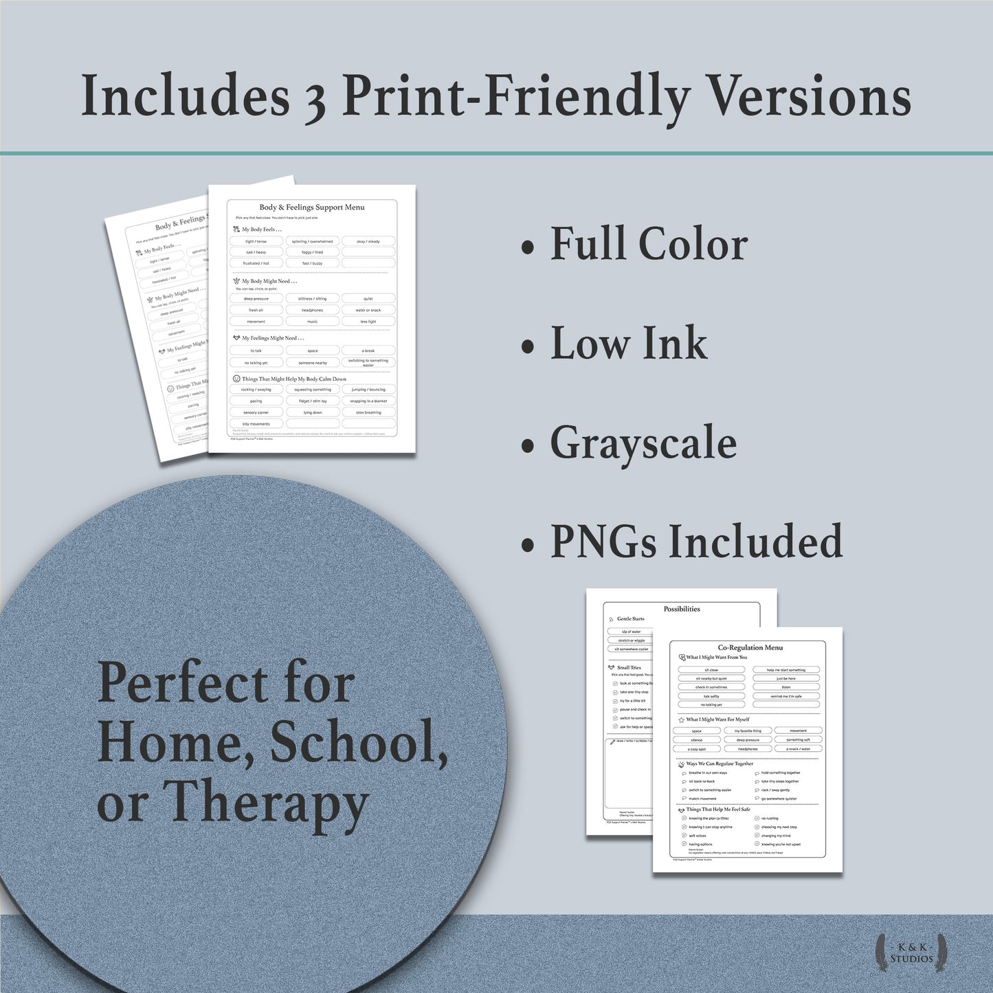 Full color low-ink grayscale printable versions for autism support planner