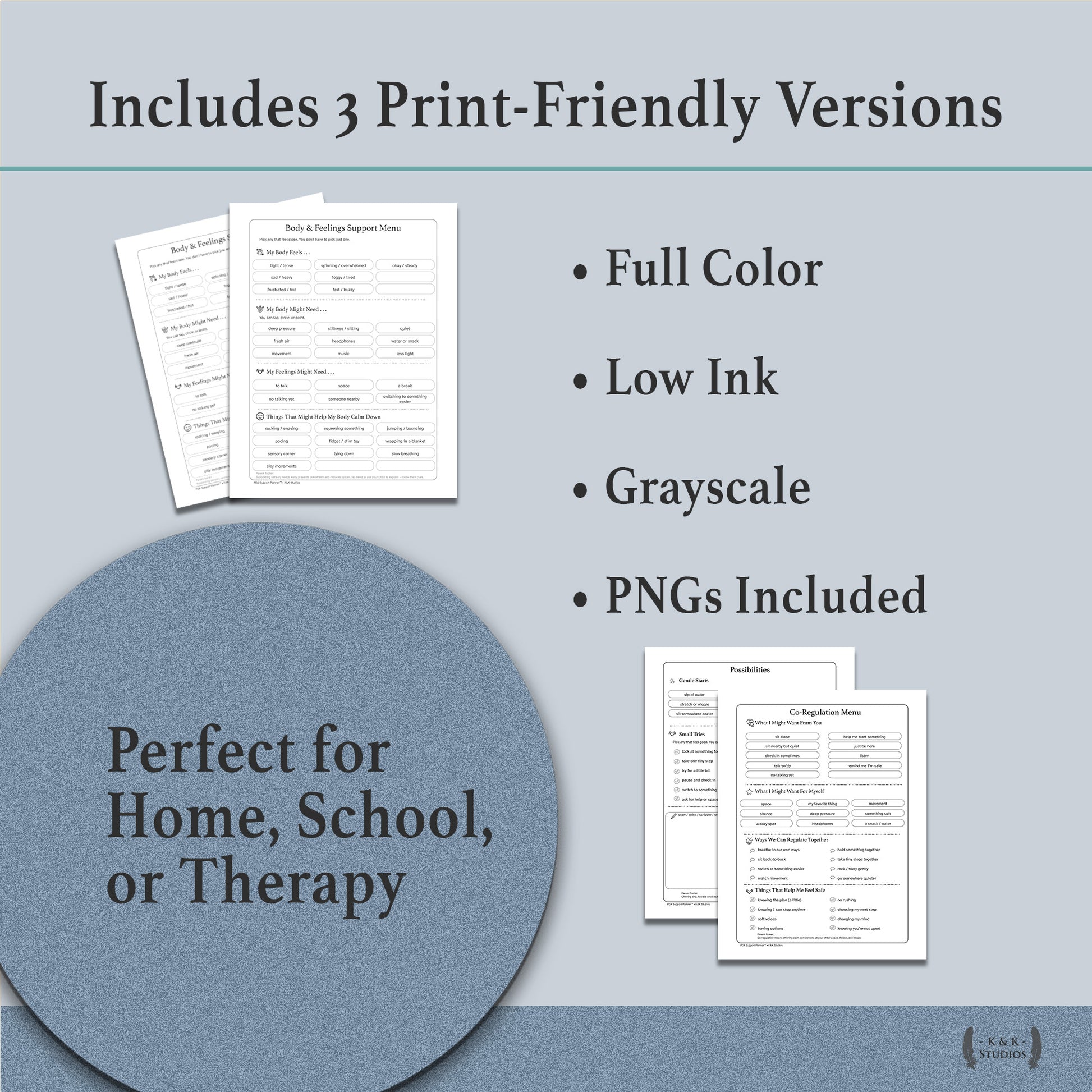 Full color low-ink grayscale printable versions for autism support planner