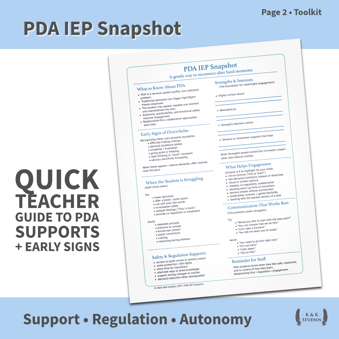 PDA School Success Bundle | IEP Snapshot, Accommodations & Supports