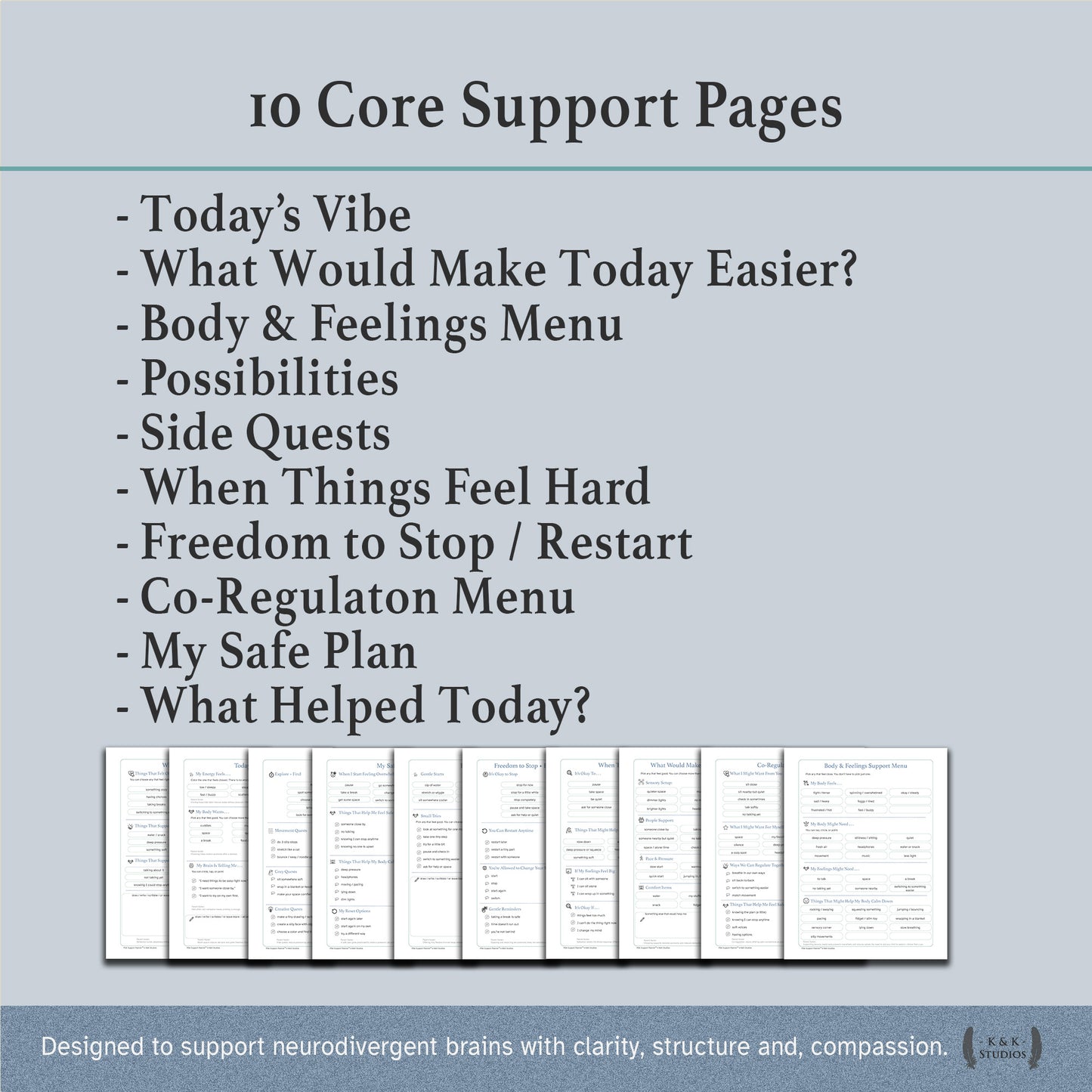 Inside pages of PDA planner including Today's Vibe and Co-Regulation Menu