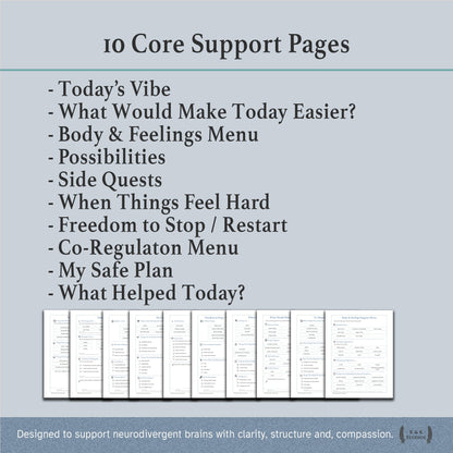 Inside pages of PDA planner including Today's Vibe and Co-Regulation Menu