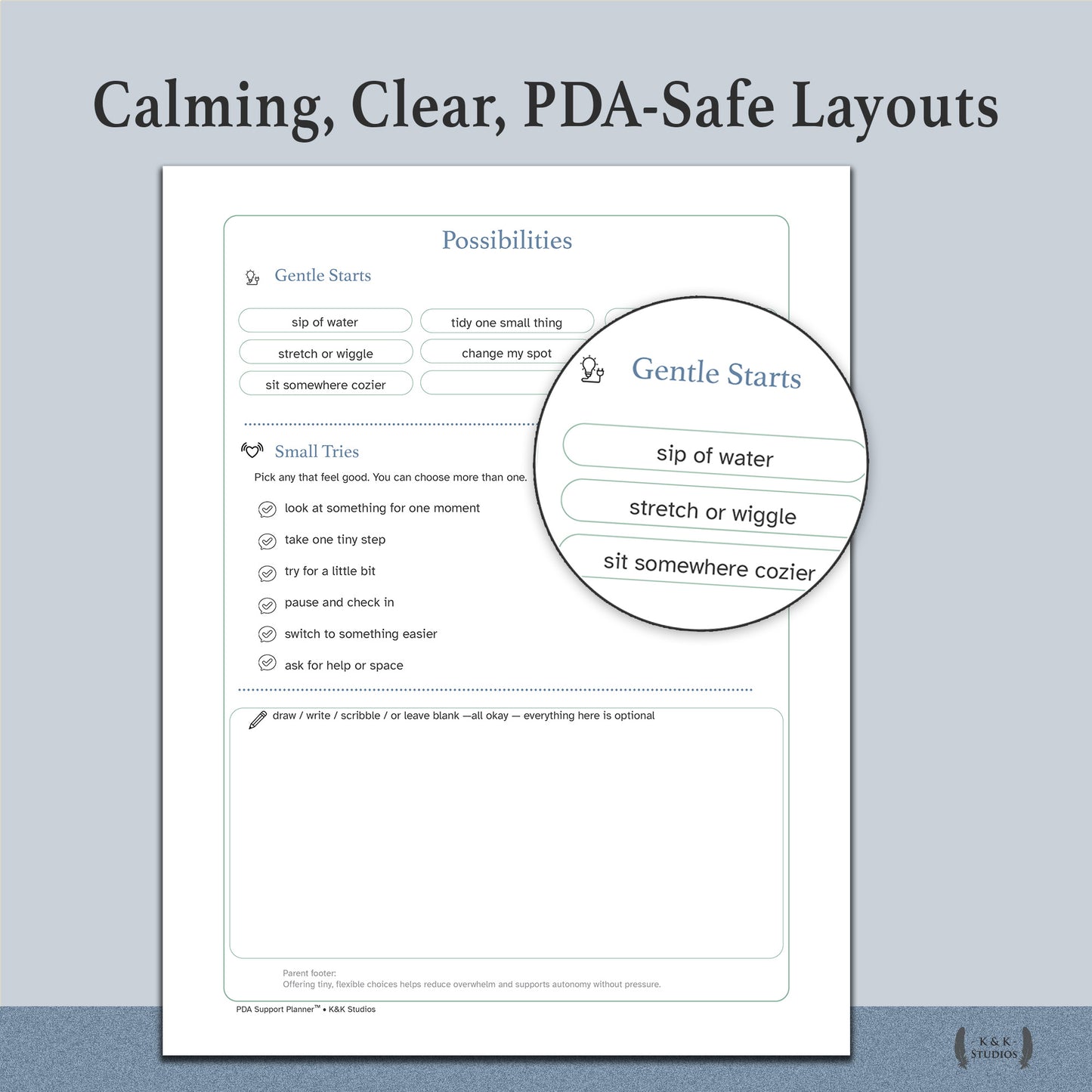 Inside page of PDA Support planner
