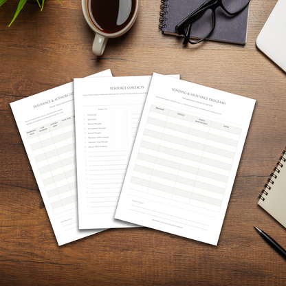 Printable caregiver resource tracker for medical and developmental support.