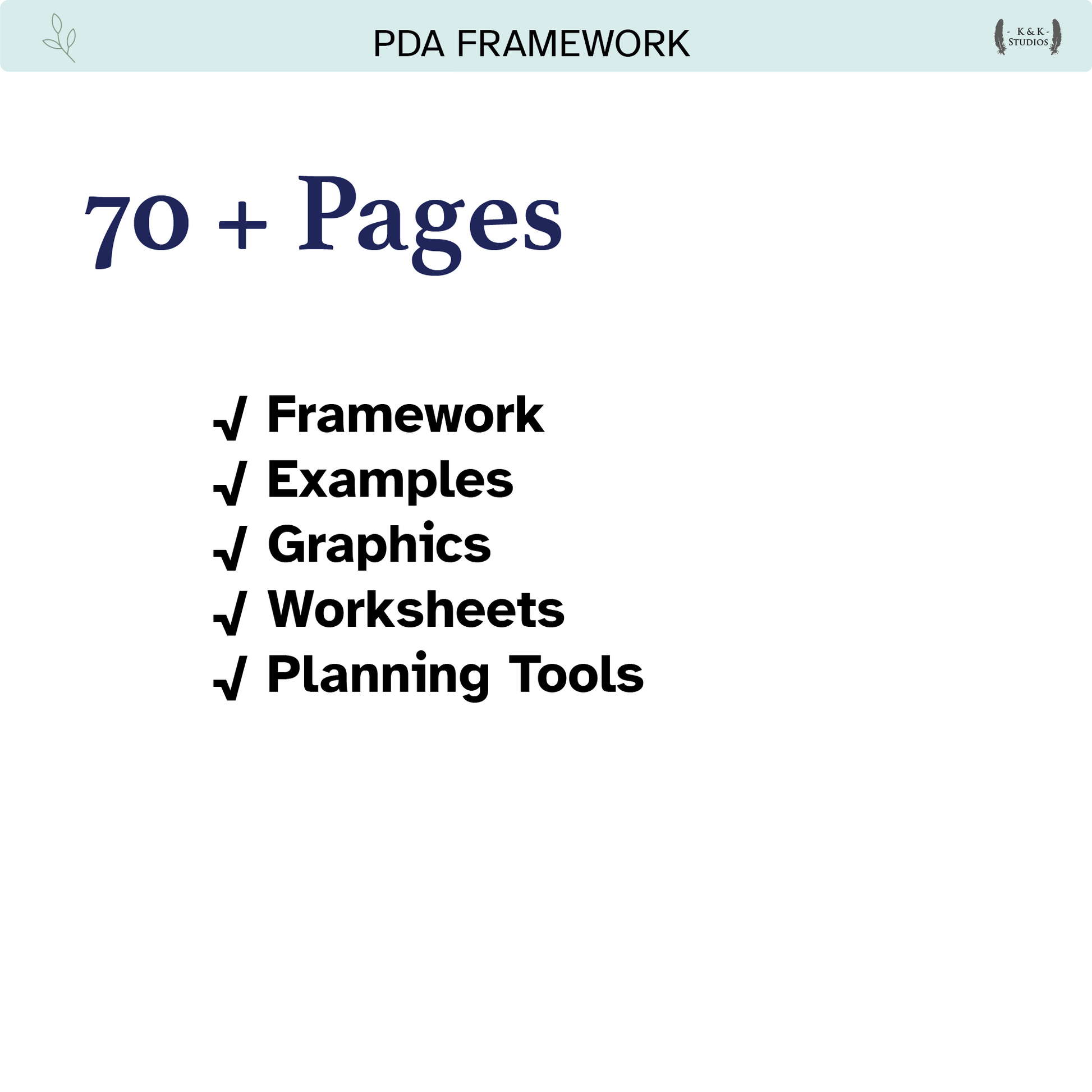 PDA Framework presentation slide with text about 70+ pages including framework, examples, graphics, worksheets, and planning tools.