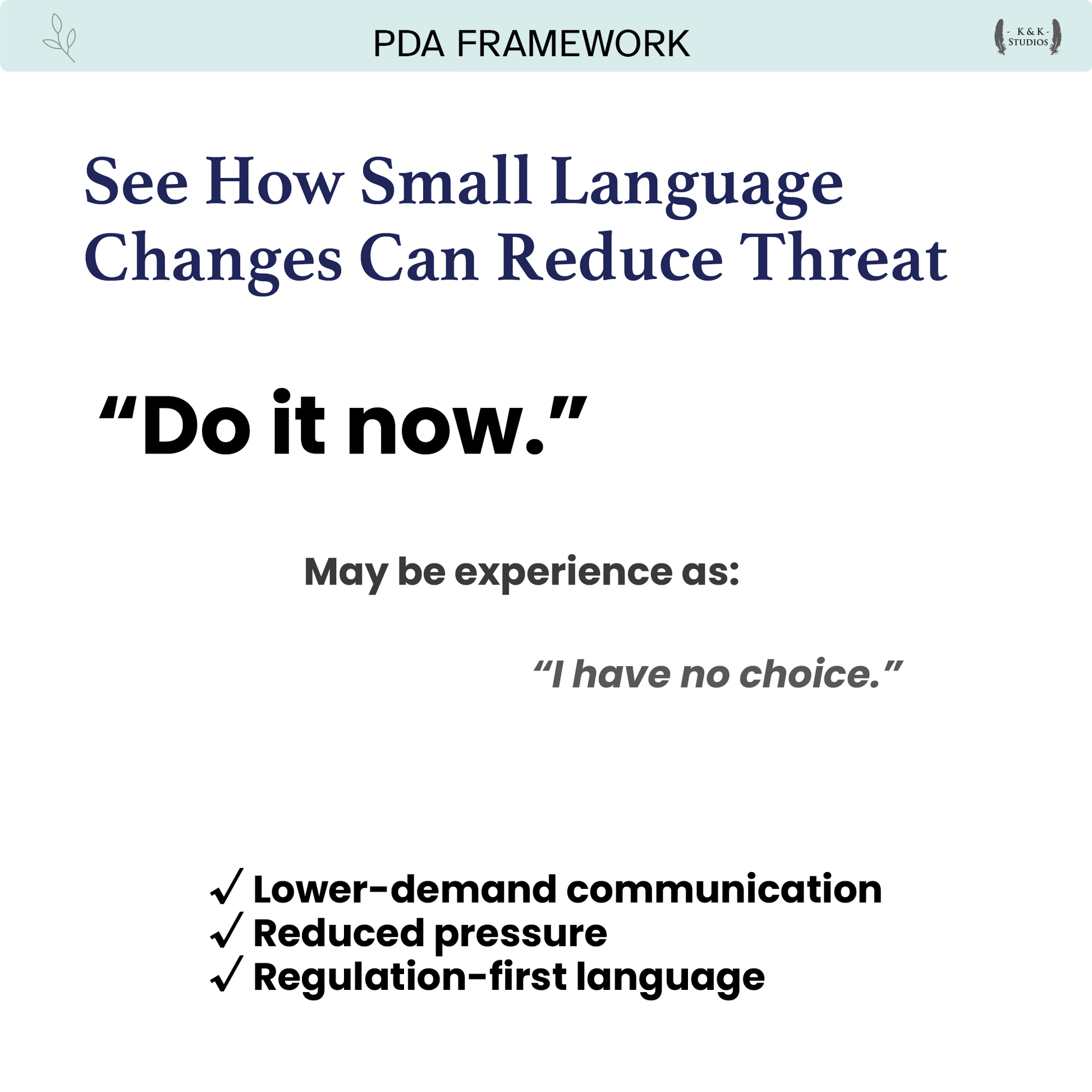 Text slide about small language changes reducing threat, with PDA Framework branding.