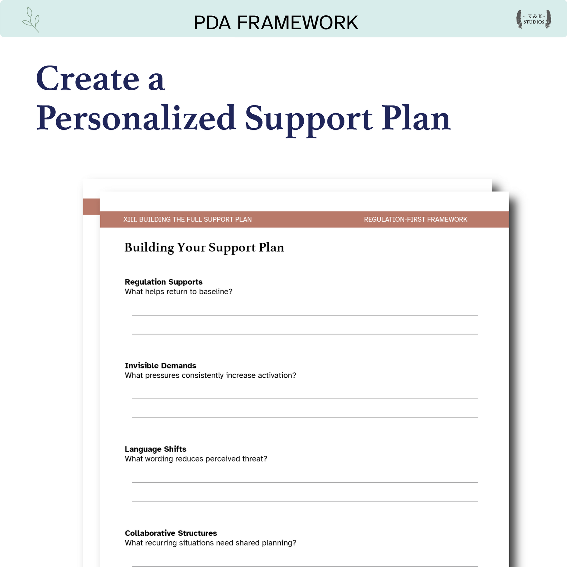 Sheet from a Rethinking PDA Framework by K&K Studios.It contains 'Building Your Support Plan', 'Regulation Supports', 'Invisible Demands', 'Language Shifts', and 'Collaborative Structures'.