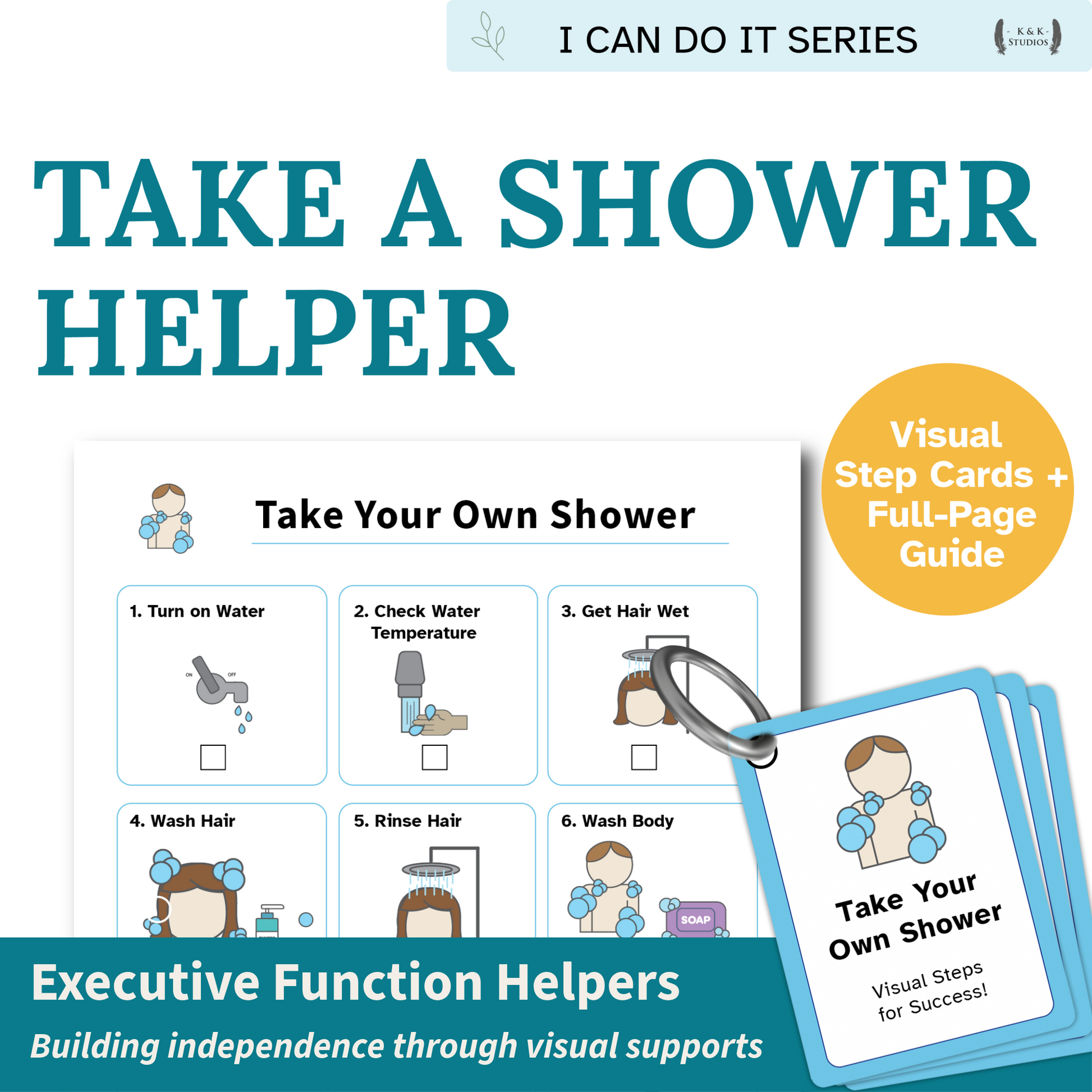 Book titled 'Take a Shower Helper' with visual step cards and guide for building independence.