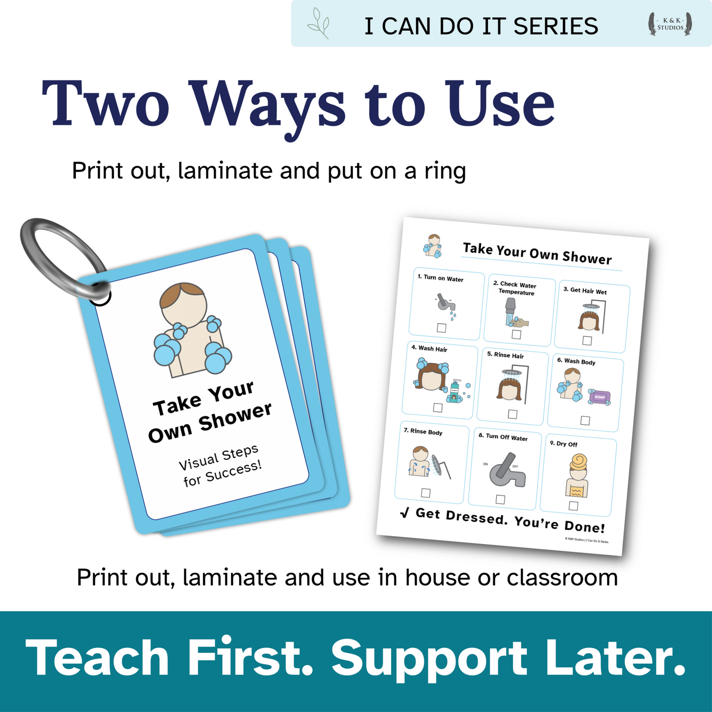 Product packaging for 'Take Your Own Shower' visual steps with text on how to use it.