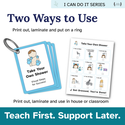 Product packaging for 'Take Your Own Shower' visual steps with text on how to use it.