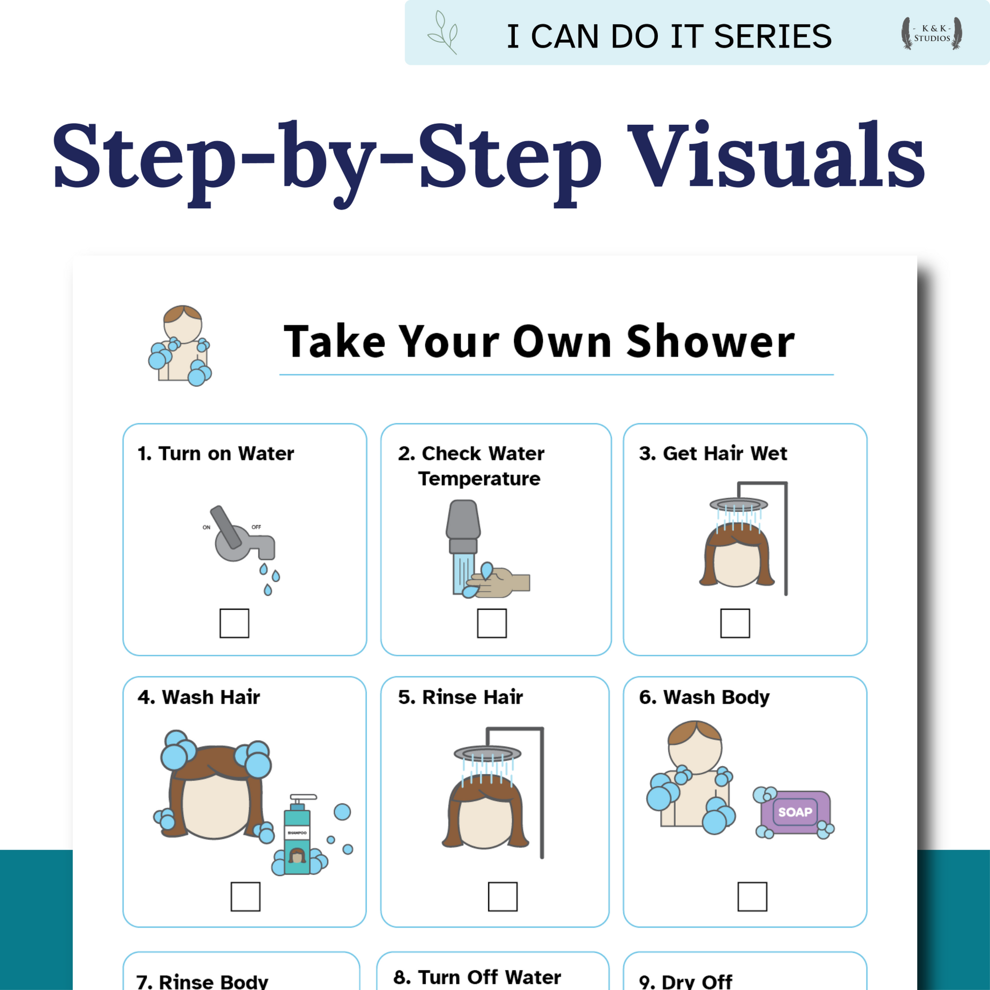 Step-by-step visual guide for taking a shower with icons and text.