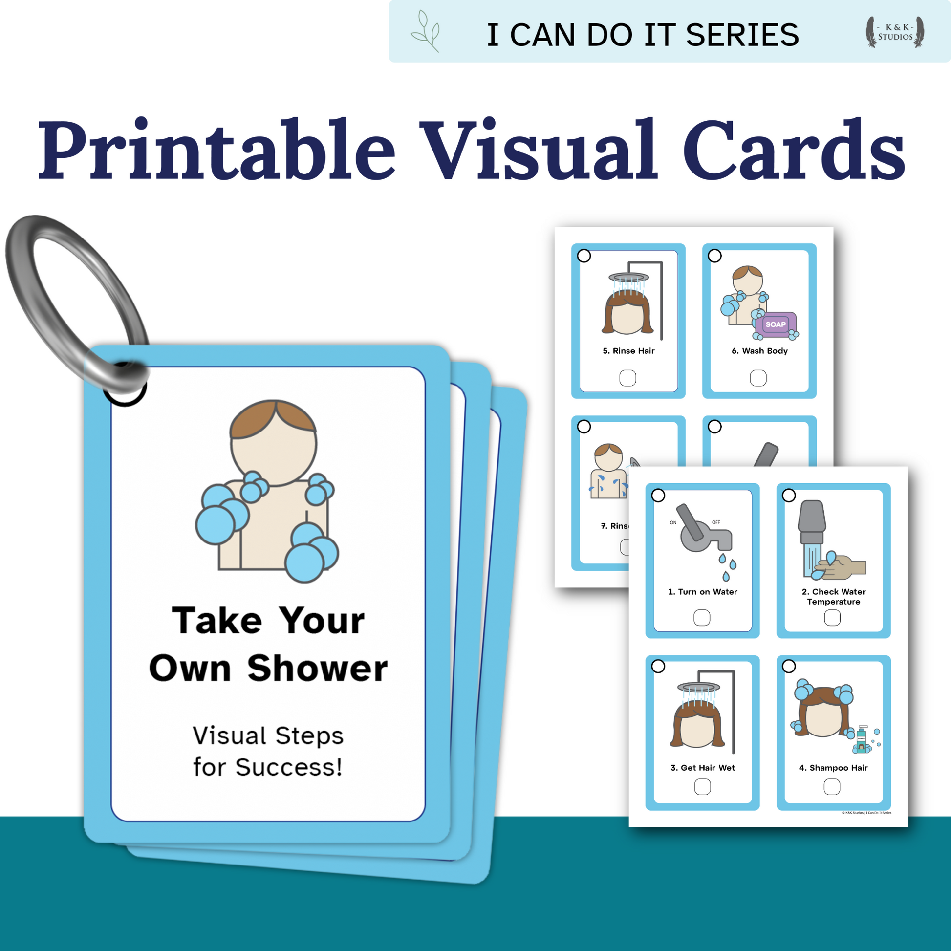 Set of printable visual cards for taking a shower with a keyring holder on a white background.