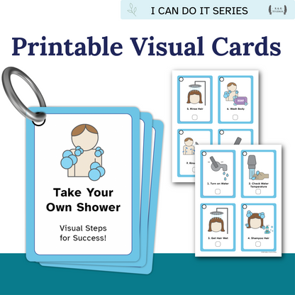 Set of printable visual cards for taking a shower with a keyring holder on a white background.