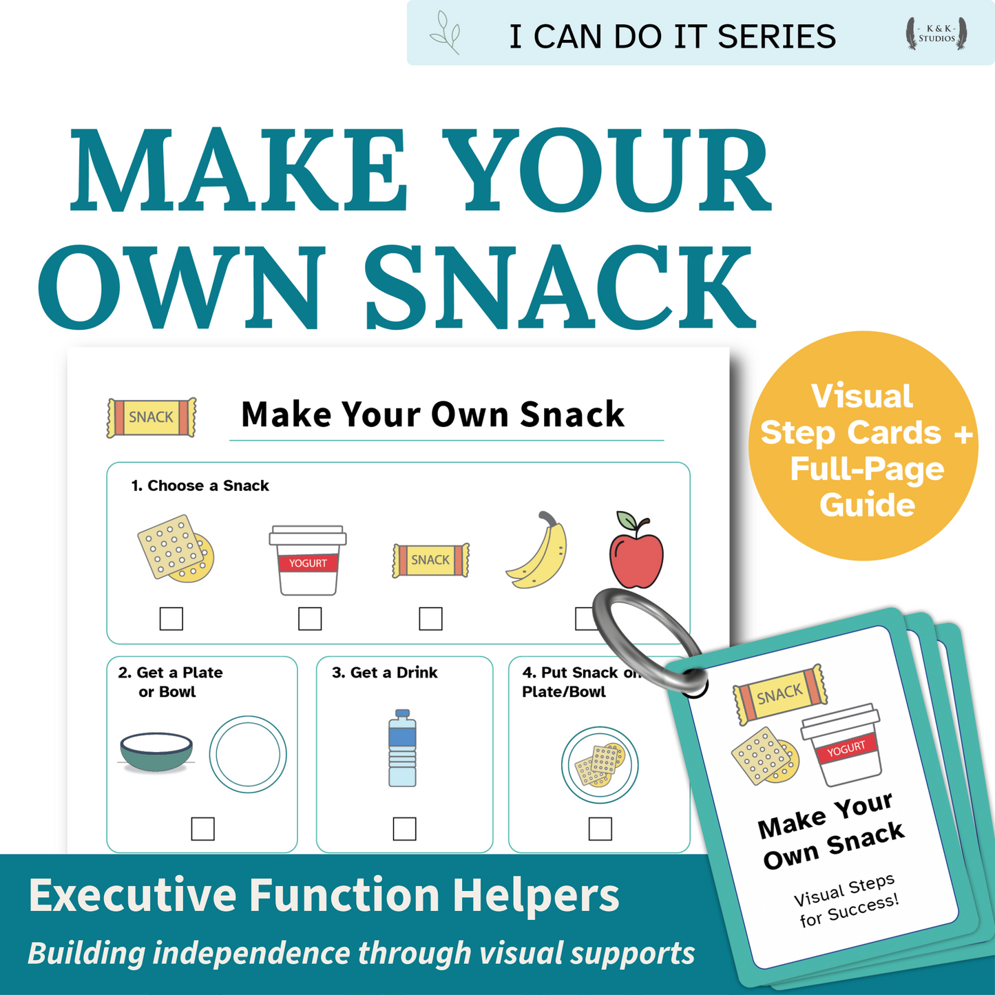 Book titled 'Make Your Own Snack' with visual step cards and guide for independence training.