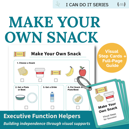 Book titled 'Make Your Own Snack' with visual step cards and guide for independence training.