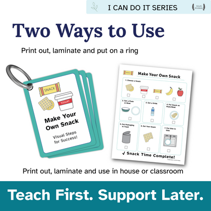 Educational product for teaching snack preparation with printables, laminating, and ring attachment.