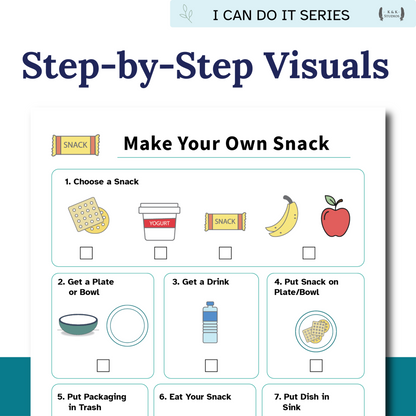 Educational poster titled 'Step-by-Step Visuals: Make Your Own Snack' with illustrations and text.