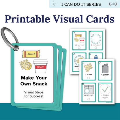 Set of printable visual cards for making a snack with a teal holder and illustrations on a white background.