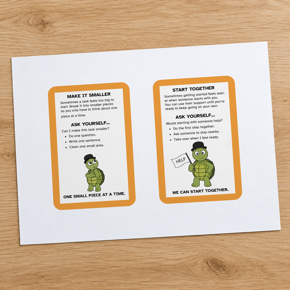 Two printable Task Initiation strategy cards arranged on a white sheet.
