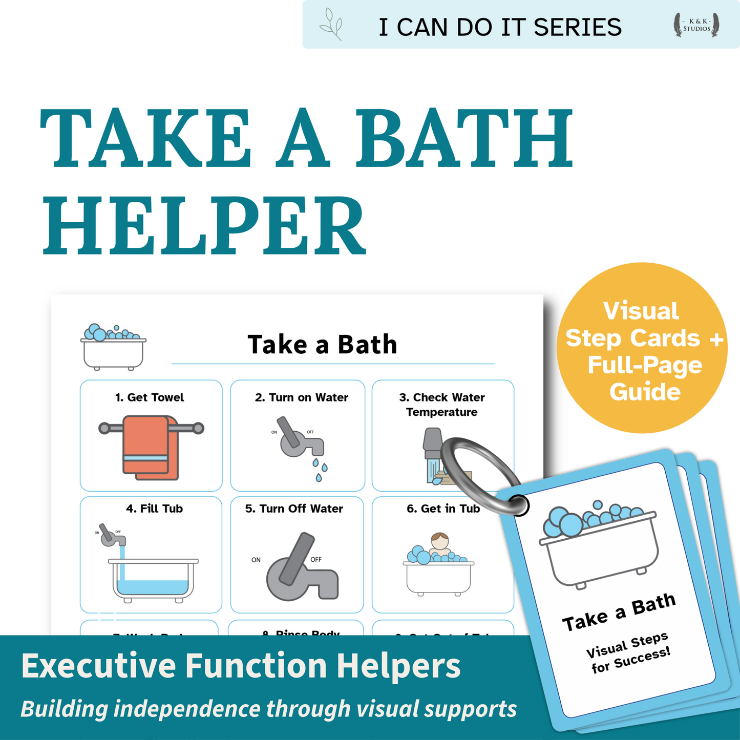 Book titled 'Take a Bath Helper' with visual step cards and guide for building independence.