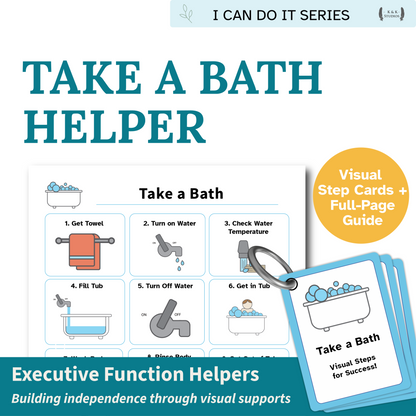 Book titled 'Take a Bath Helper' with visual step cards and guide for building independence.