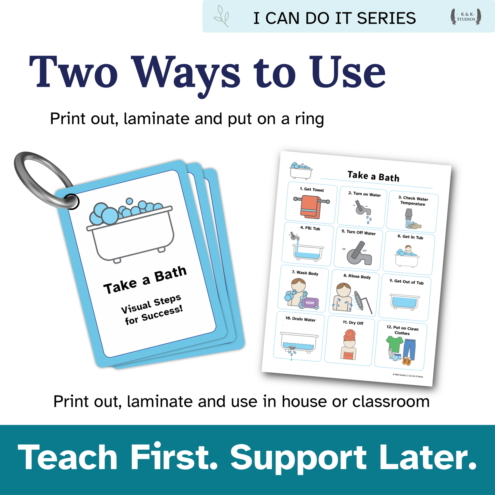 Educational product for teaching children how to take a bath with visual steps.